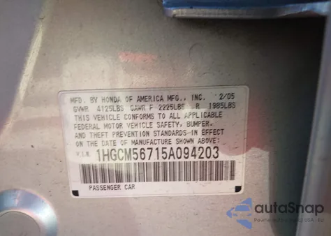 2005 Honda Accord 2.4 Ex из США, поврежденный, VIN 1HGCM56715A094203